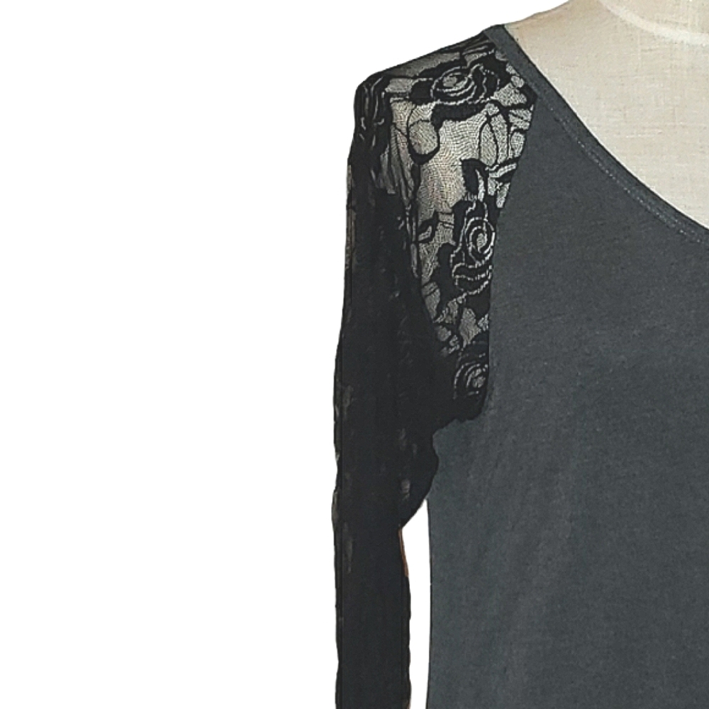 Goo Yoo Sheer Floral Black Lace Raglan Sleeves High Low Hem Gray Tunic Top M/L - Picture 7 of 16